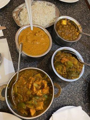 Chicken-Do-Piyaza, Punjabi Channa Paneer, Chicken Tikka, Vegetable Korma