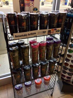 Refillable travel mugs at a discount.