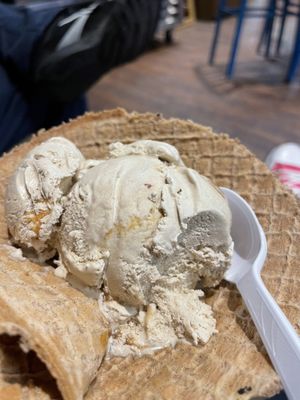 Brown butter bourbon truffle in cinnamon waffle cone bowl