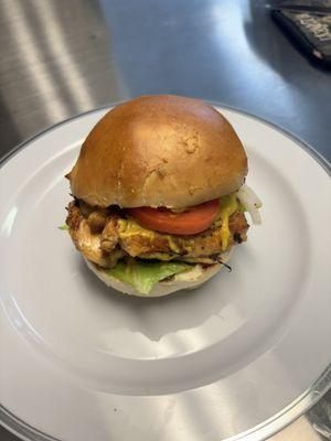 Mesquite grilled chicken sandwich on house made buns.