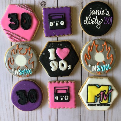 Hand decorated royal icing cookies for a 90's theme birthday party