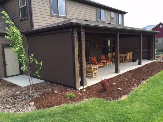 The retractable, motorized solar shades on each end of the deck are secured by a zipper system. Warrantied against 80 mph winds.