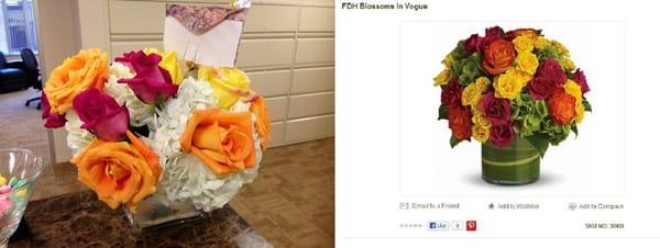 The flowers that my friend received for her birthday versus the flowers shown on the website...