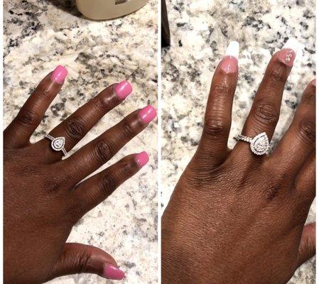 The pink nails is the ring the gave us back. The white nails is the ring is given them to size.