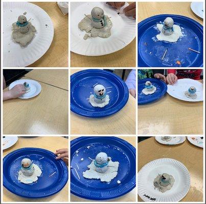 Handmade melted snowman figures made with air dry clay.