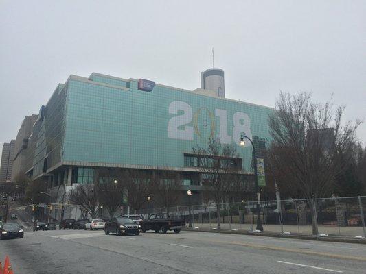 December 31, 2017; American Cancer Society Building w/ 2018 NCAA Football Championship Advertisement on the side, Atlanta GA