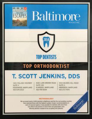 Baltimore Magazine Top Orthodontist 2014