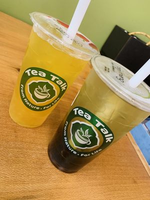 passion fruit green tea with mango pearls (left), lychee green tea with original boba