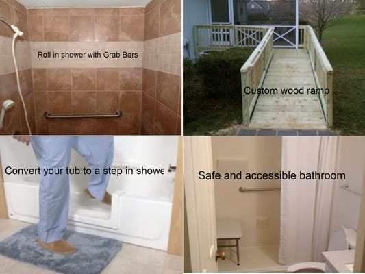 Roll-in/Walk-in Showers, Grab Bars, tub conversions, ramps. Prevent Falls. Seniors, Children, rehabilitation. Temp or Permanent.