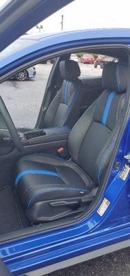 2020 civic with Katzkin custom back leather and blue wings and blue stitching.