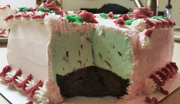 Cross section view of mint chocolate ice cream cake