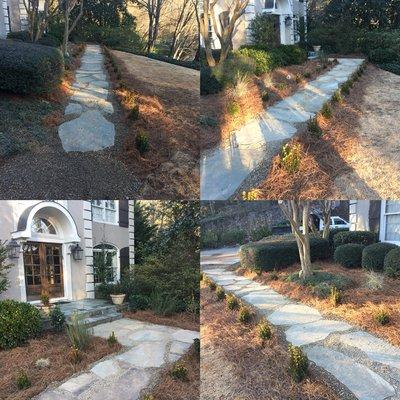 Bluestone front walk with Indiana Pea Gravel and Boxwood border