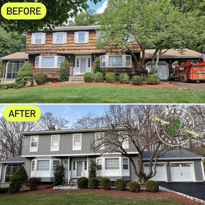 Before & After  Certainteed Charcoal Gray clapboard siding installation in Oakland with custom PVC paneling and white seamless gutters. -