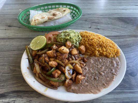 Chicken fajitas, lunch plate.