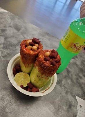 Cucumber cups! With peanuts, lime, chamoy and chili powder