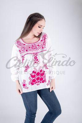 Tehuacan long sleeve blouse with handmade embroidery in gauzy cotton fabric. Available in sizes S up to L in many colors.