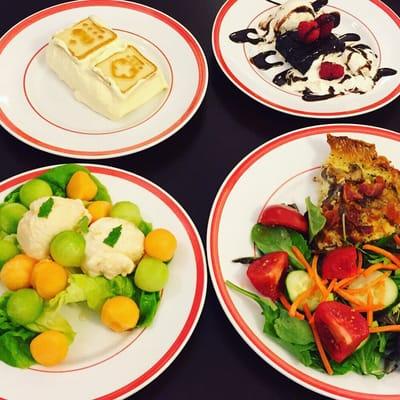 Top Left: Banana Pudding, Top Right:Chocolate Brownie, Bottom Left: Melon & Frozen Yogurt Salad, Bottom Right: Spinach & Mushroom Quiche