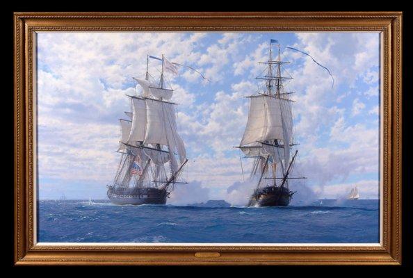 9. John Steven Dews (British, born 1949) "Capture of the US Chesapeake by HMS Shannon off Boston, 1 June 1813, " Oil on canvas, 40" x 66"