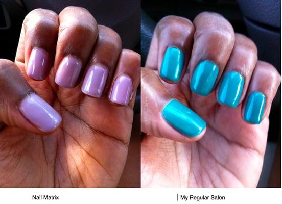 Nail Matrix work on the left... uncut cuticles and immature polishing skills! Fixed manicure on the right.