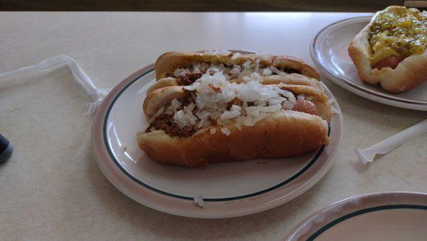 A couple of Jimmy's Chili Dogs