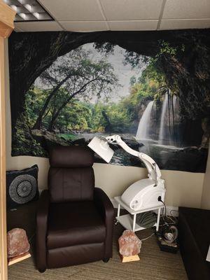 This is the Infrared Sauna room with Himalayan lights, medical grade lights with a massage chair.