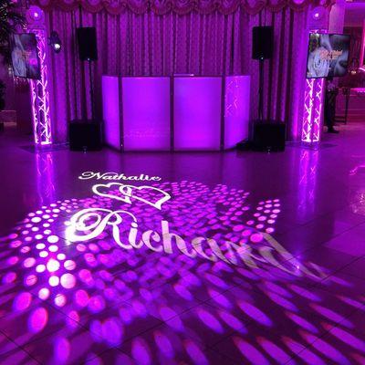 Full sound system, LED DJ Booth, white LED trussing, with TVs & Intelligent Lighting, with name monogram