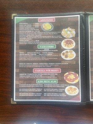 Appetizers, taco combos, taquiza, kids menu