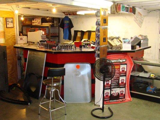 Front Counter, metal drip trays, awards from some of the shows we sponsor over the years.