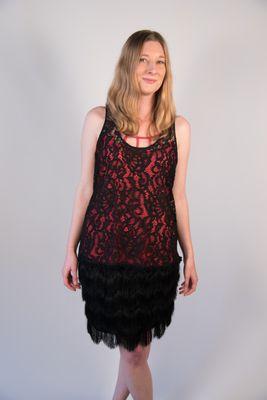 'Aurelia's Design French lace
 top over a red silk camisole.