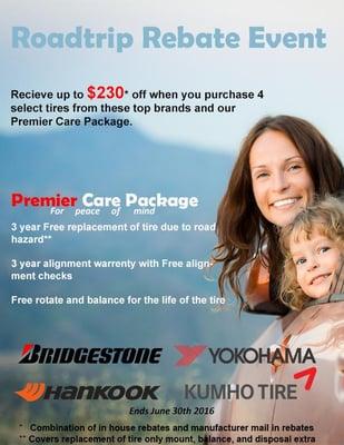 receive up to $230 off when you purchase 4 select Bridgestone, Yokohama, Hankook, or Kumho tires...