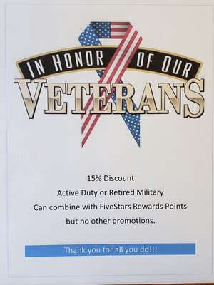 15% Off of all purchases for Miltary. Offer can be combined with Fivestars Reward Program.