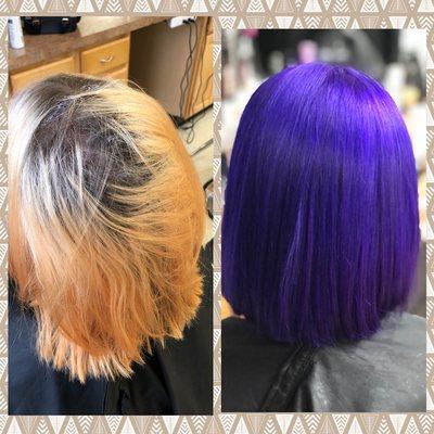 Double process with a vibrant purple! Olaplex to keep the hair healthy and shiny!