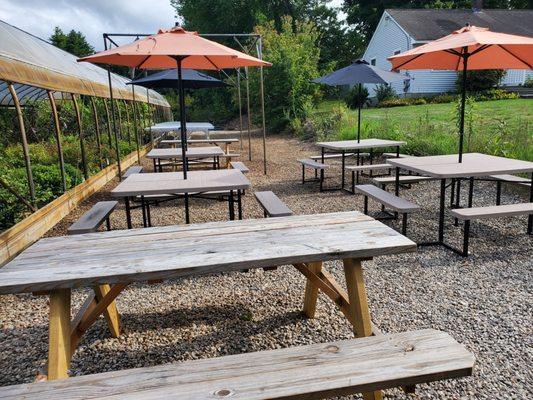 Picnic tables for dining