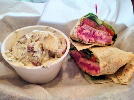 Absolutely delicious Seared Tuna Wrap w/wasabi mayo & side of potato salad for lunch!