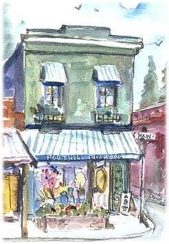 Watercolor of Foothill Flowers' storefront