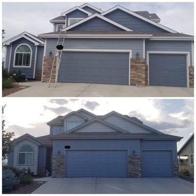 Gave this beautiful home an exterior makeover! Before top and bottom is after.