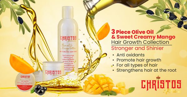 Try our 3 piece Olive Oil & Sweet Creamy Mango Butter Hair Growth Collection!