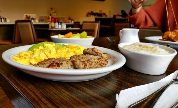 3 scrambled eggs, turkey sausage, side of grits and fruit