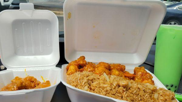 Carolina Gold Wings Orange Chicken with Fried Rice Green Honeydew Bubble Tea