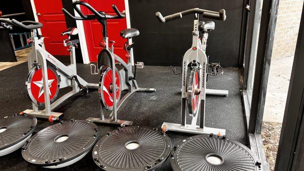 Stationary bikes and rowers available as well as free weights and other exercise equipment.