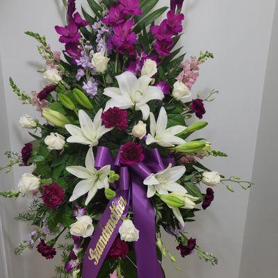 Gladiolus, Dendrobian Orchids, Lilies, Stock, Carnations, and Mixed Greens