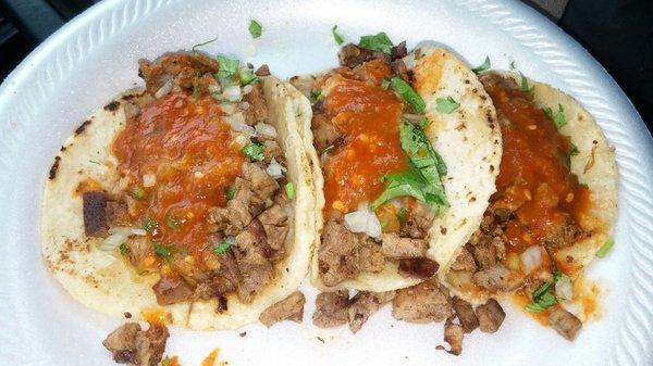 This is what tacos de asada look like. The most flavorful tacos in Santa Fe. Its right by the car wash on Siler st.