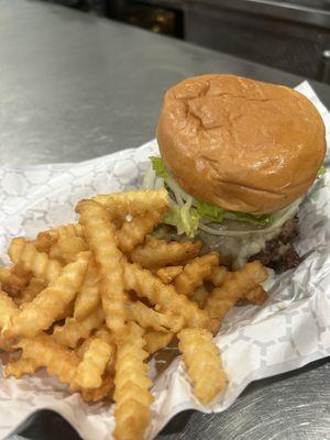 Cheese Burger (Must, Pickles, Onion, Lettuce, Tomato) and Fries