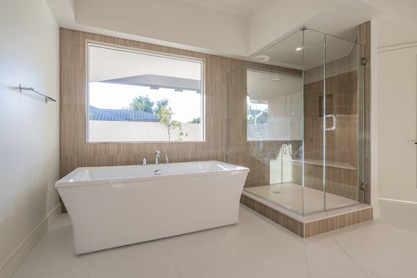 Spa inspired master bathroom soaking tub and walk-in shower