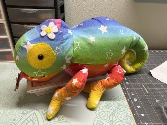 Stuffed chameleon I made for my grandson. Pattern by www.FunkyFriendsFactory.com