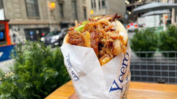 Pork belly yeero, lettuce, tomatoes, onions and French fries in a pita with tzatziki sauces , $10.95 + tax + tip