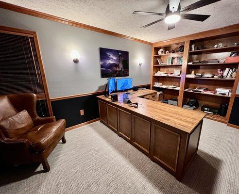 Custom L shaped Desk with 2" hole cutouts for cable management