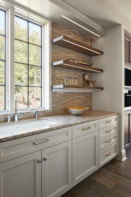 Kitchen with open shelving.