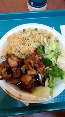 Bourbon chicken, vegetables, fried rice