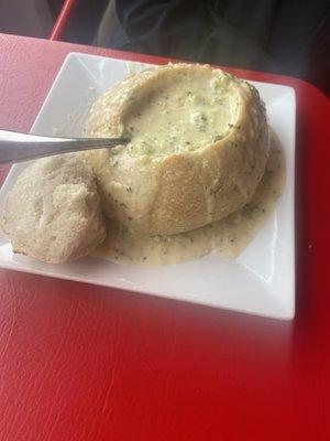 Homemade soup in a bread bowl